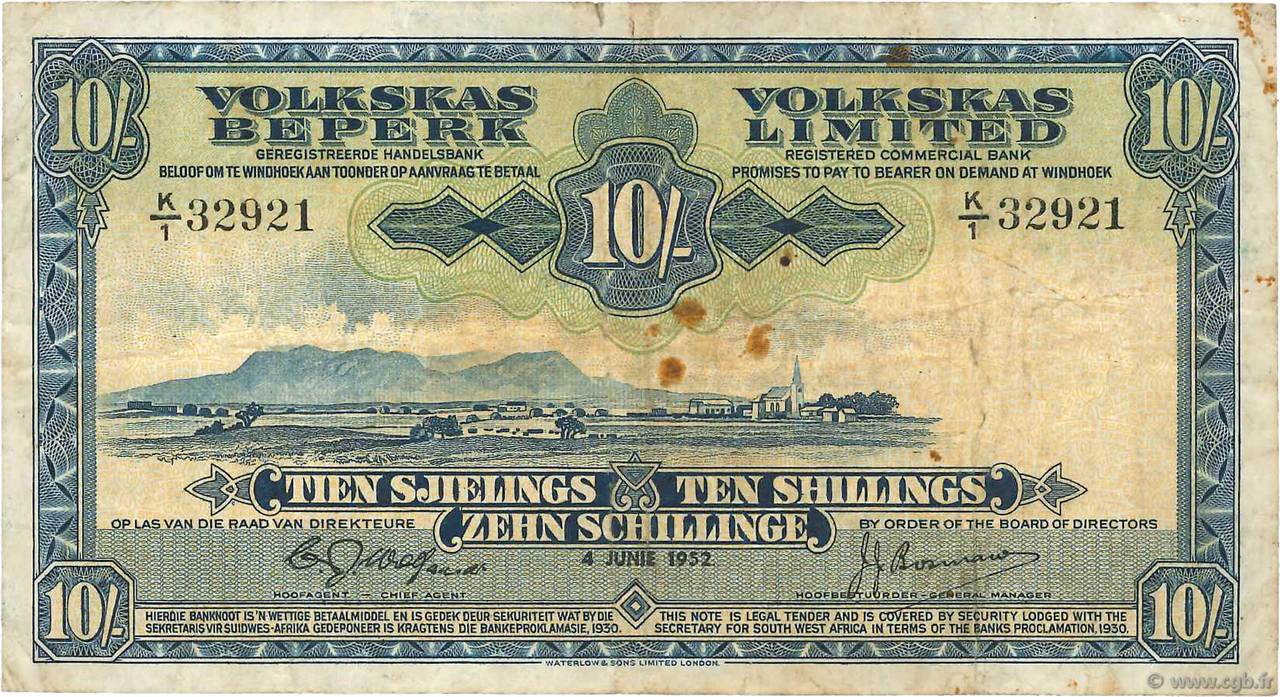 10 Shillings SOUTH WEST AFRICA  1952 P.13a fS