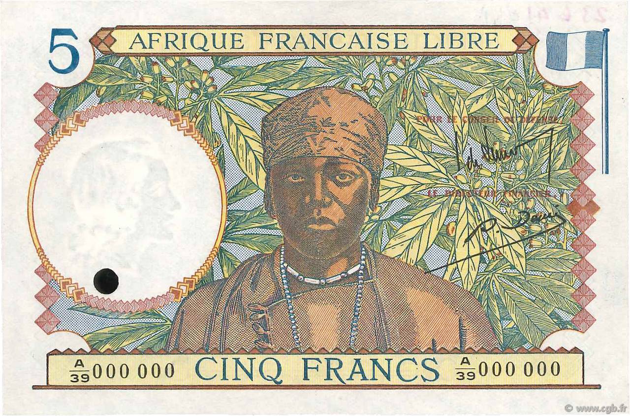 5 Francs Spécimen FRENCH EQUATORIAL AFRICA Brazzaville 1941 P.06s XF+