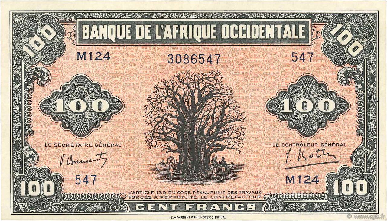 100 Francs FRENCH WEST AFRICA  1942 P.31a XF+