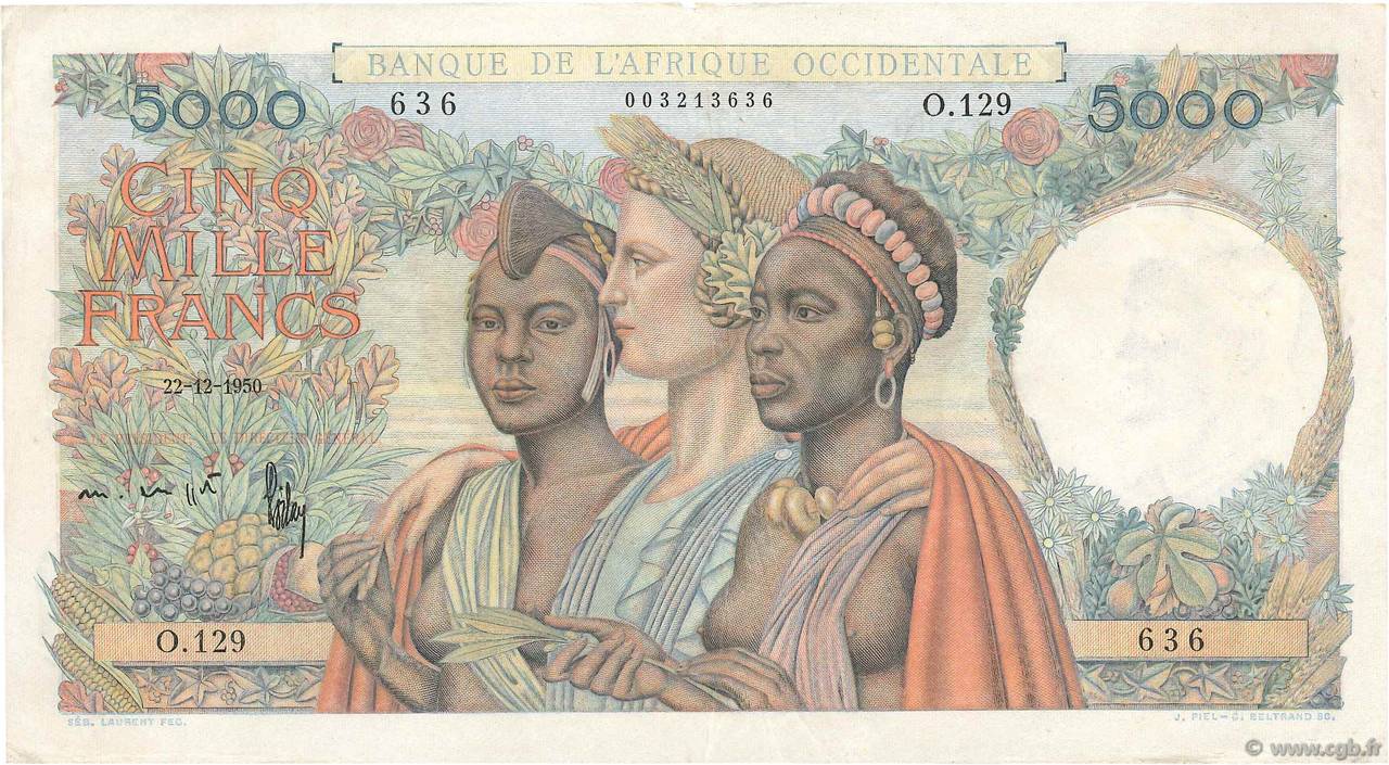 5000 Francs FRENCH WEST AFRICA  1950 P.43 VF