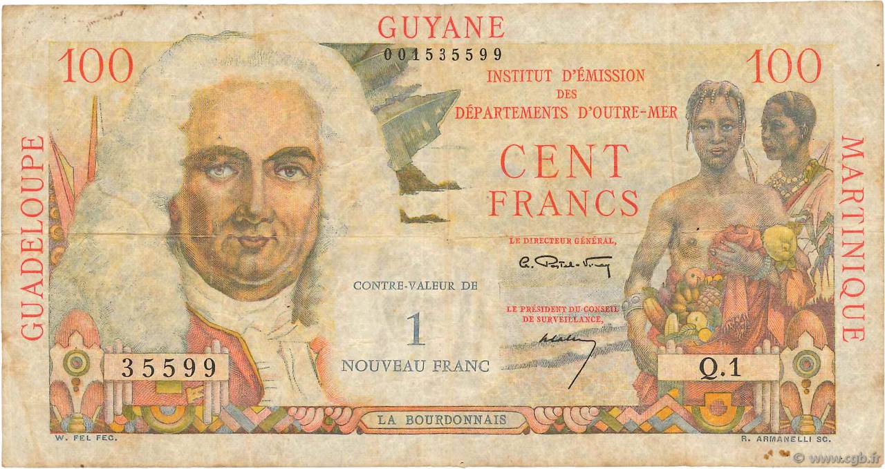 1 NF sur 100 Francs La Bourdonnais FRENCH ANTILLES  1960 P.01a BC
