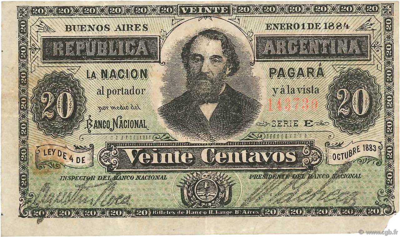 20 Centavos ARGENTINA  1884 P.003 RC+
