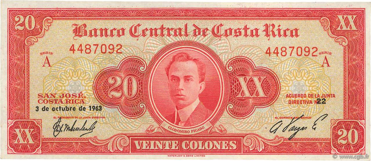 20 Colones COSTA RICA  1963 P.222c UNC-