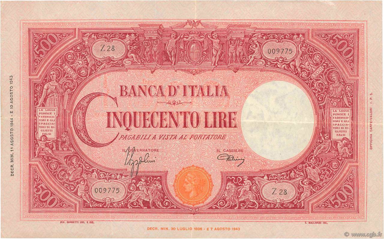 500 Lire ITALIEN  1944 P.070a SS