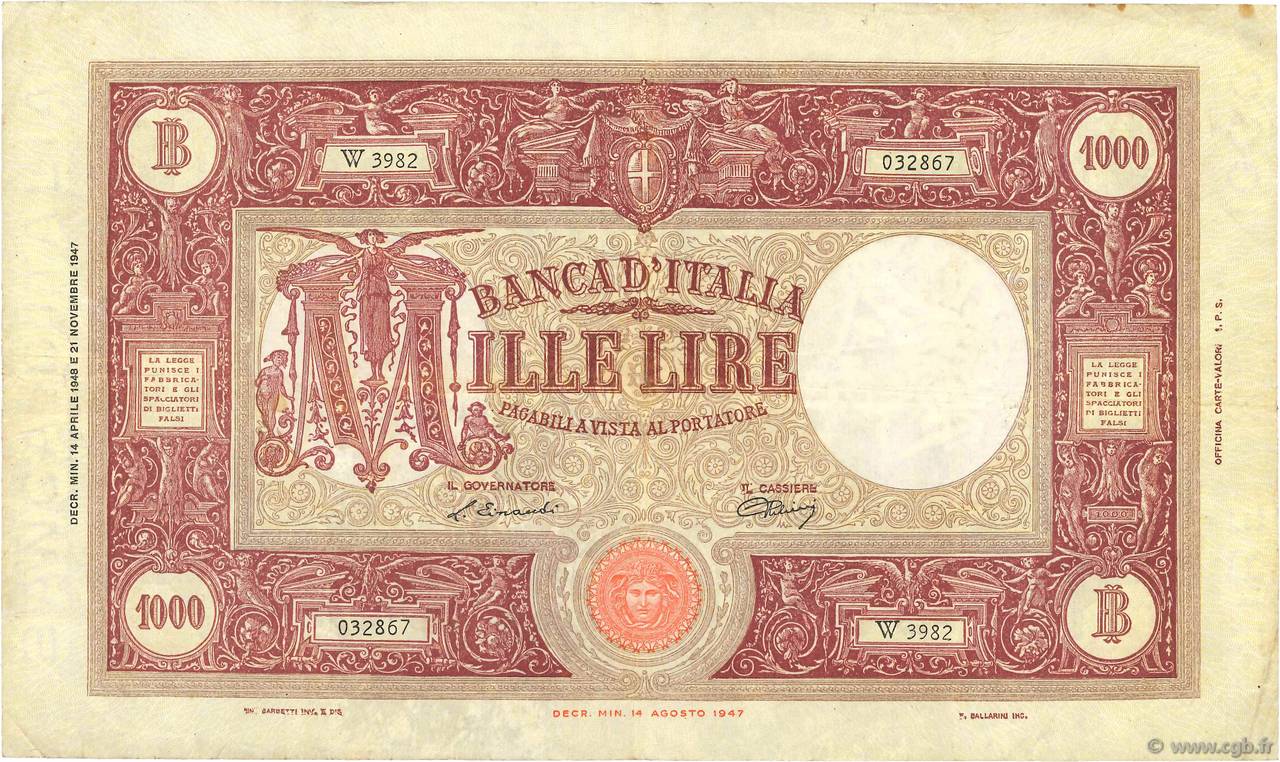 1000 Lire ITALIEN  1948 P.081a S