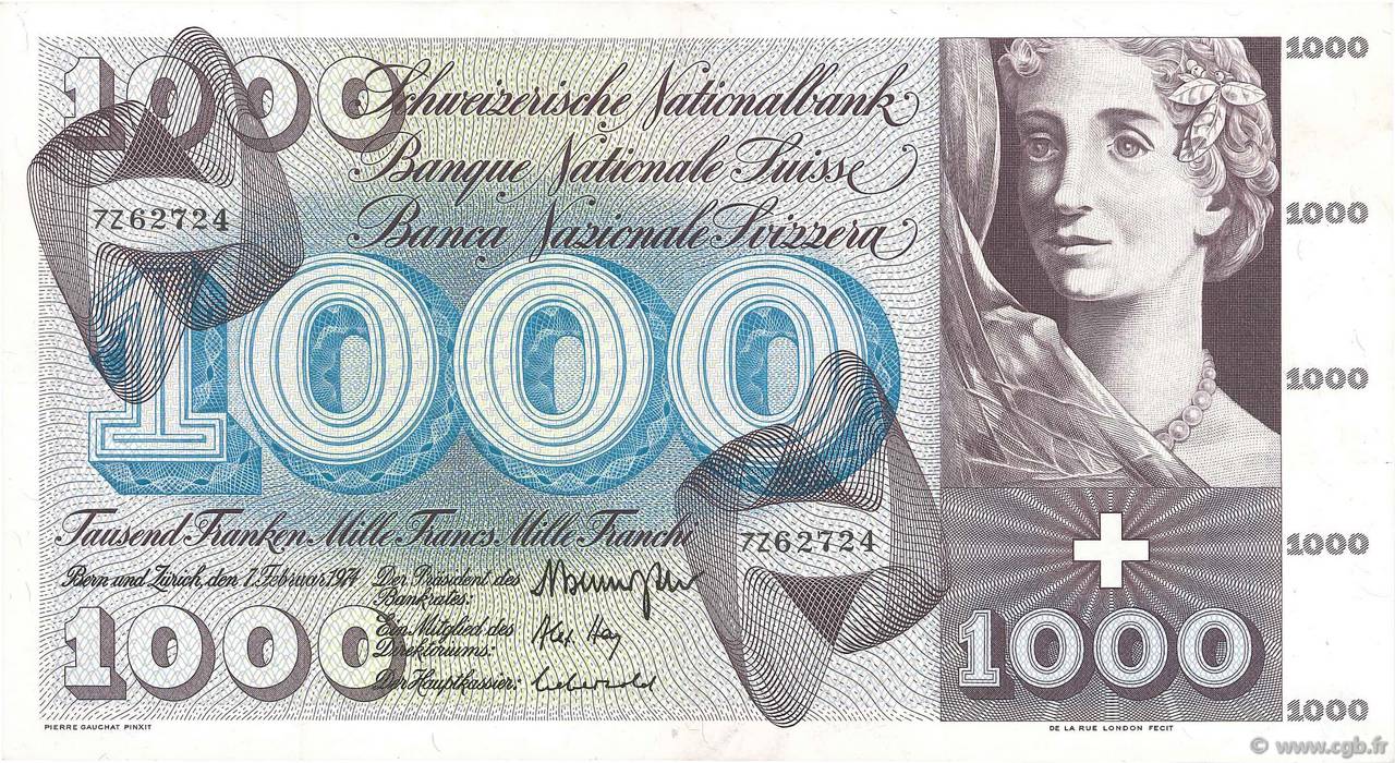 1000 Francs SUISSE  1974 P.52m MBC+