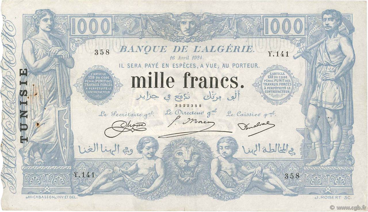 1000 Francs TUNISIA  1924 P.07b q.BB