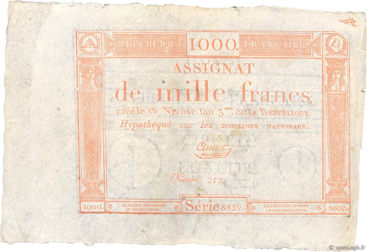 1000 Francs Fauté FRANCE  1795 Ass.50a XF