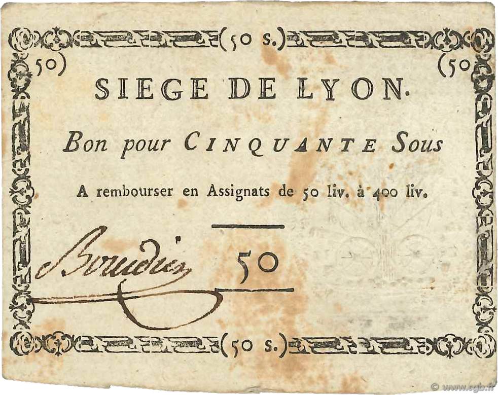 50 Sous FRANCE regionalismo y varios Lyon 1793 Kol.137a MBC+