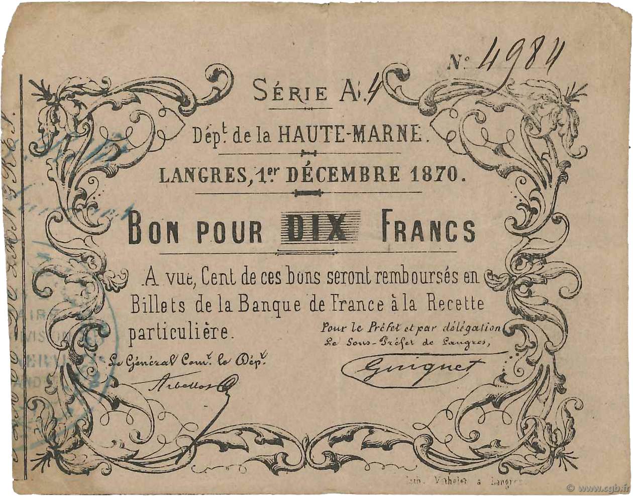 10 Francs FRANCE Regionalismus und verschiedenen Langres 1870 JER.52.06A SS