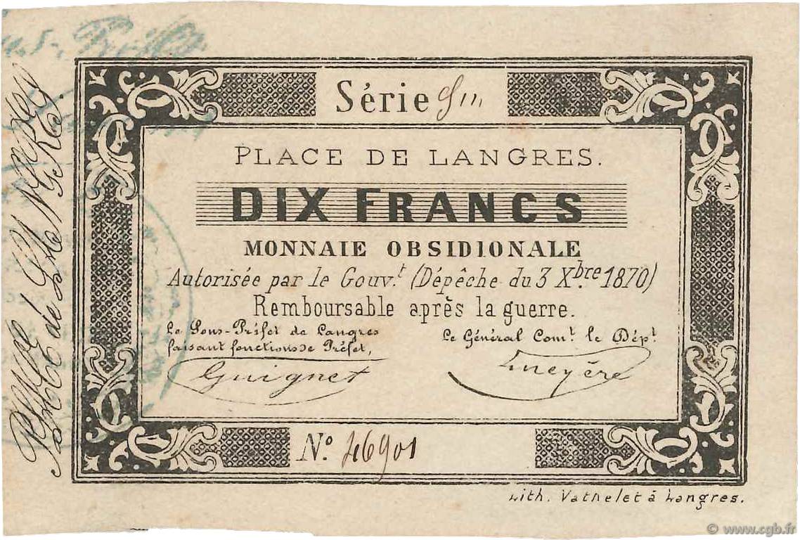 10 Francs FRANCE regionalism and miscellaneous Langres 1870 JER.52.06D XF+