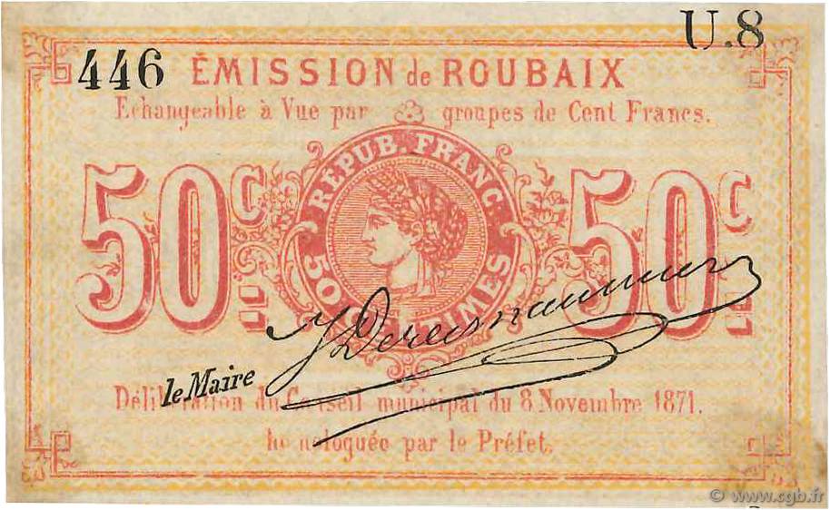 50 Centimes FRANCE regionalism and various Roubaix 1871 JER.59.55A XF+