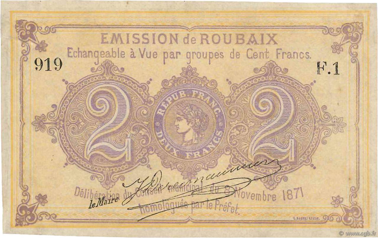 2 Francs FRANCE regionalismo y varios Roubaix 1871 JER.59.55C MBC+