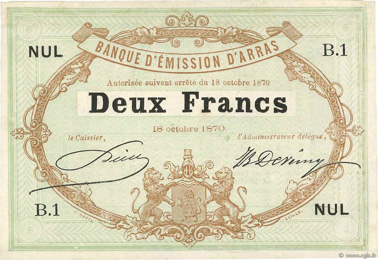2 Francs Non émis FRANCE régionalisme et divers Arras 1870 JER.62.02A SUP