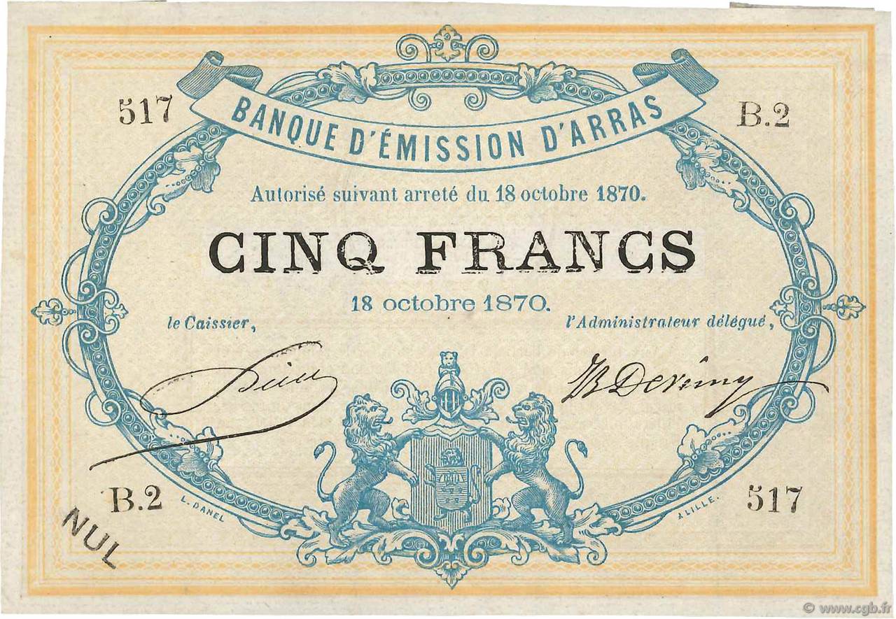 5 Francs Non émis FRANCE regionalismo e varie Arras 1870 JER.62.02B SPL