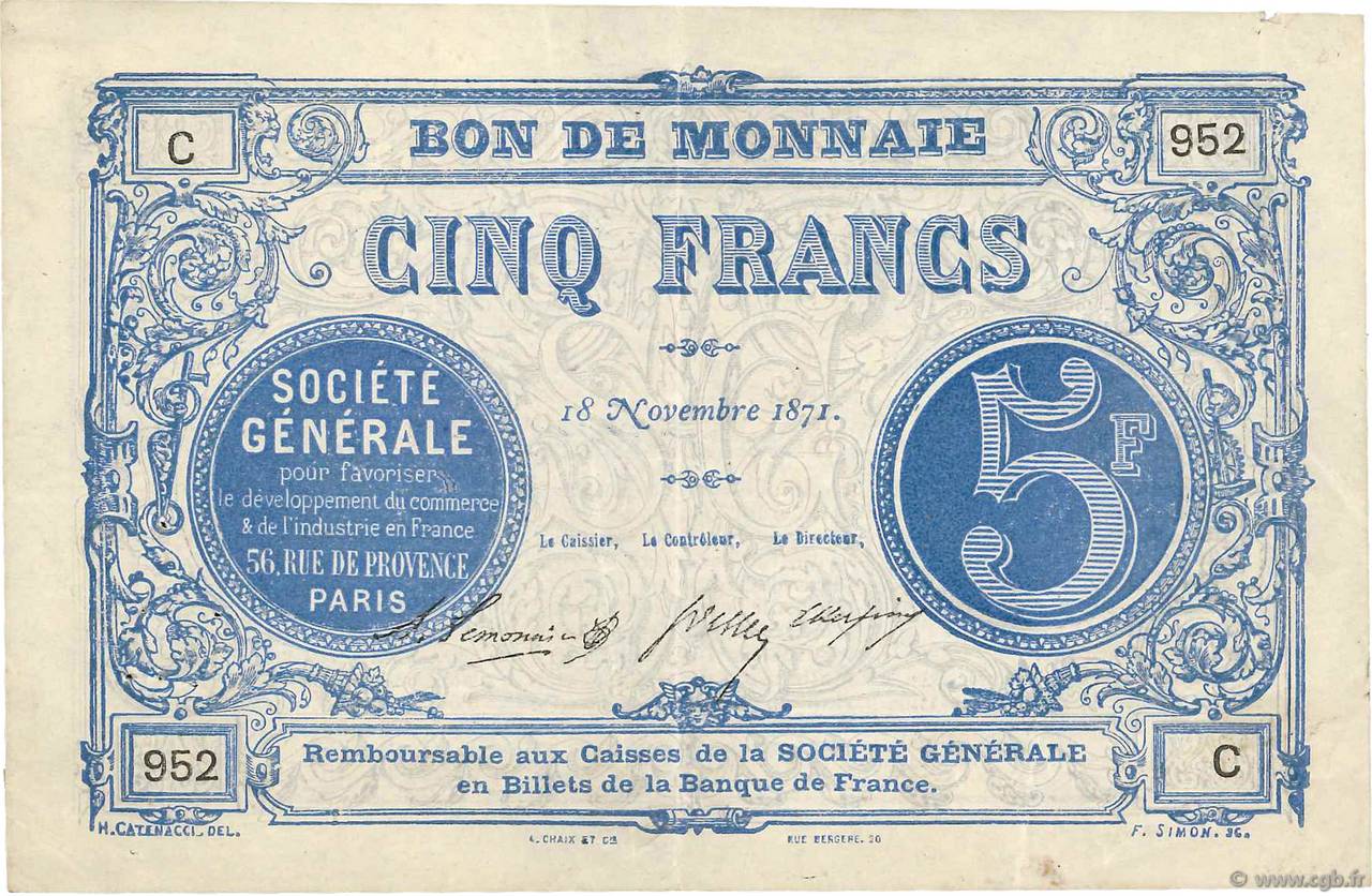 5 Francs FRANCE régionalisme et divers Paris 1871 JER.75.02C TTB
