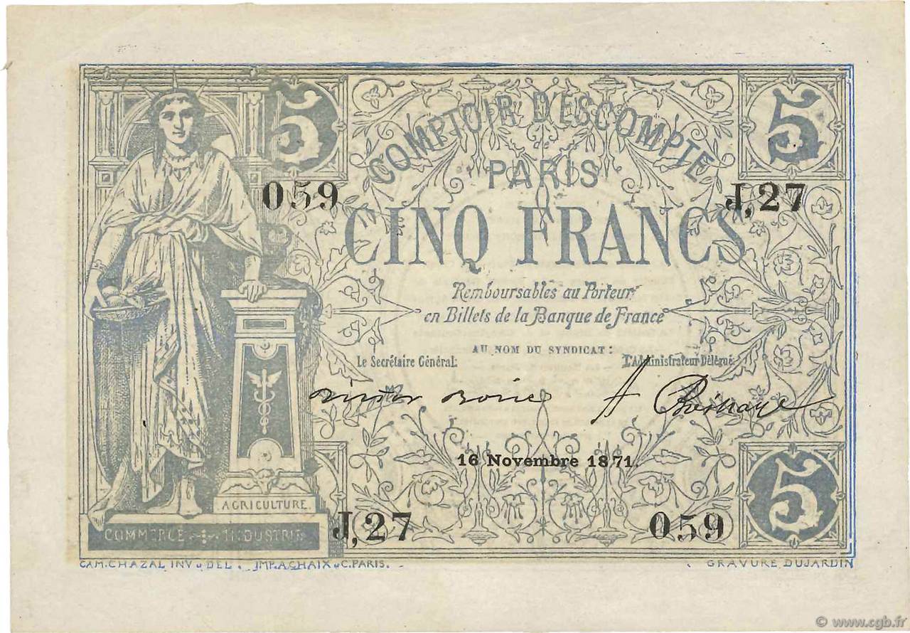 5 Francs FRANCE regionalismo y varios Paris 1871 JER.75.03A MBC+