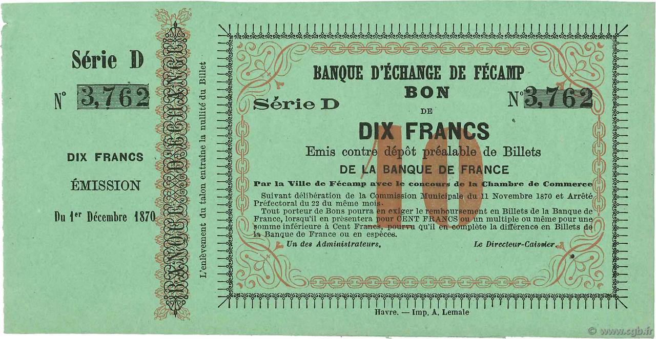 10 Francs FRANCE Regionalismus und verschiedenen Fécamp 1870 JER.76.12B fST