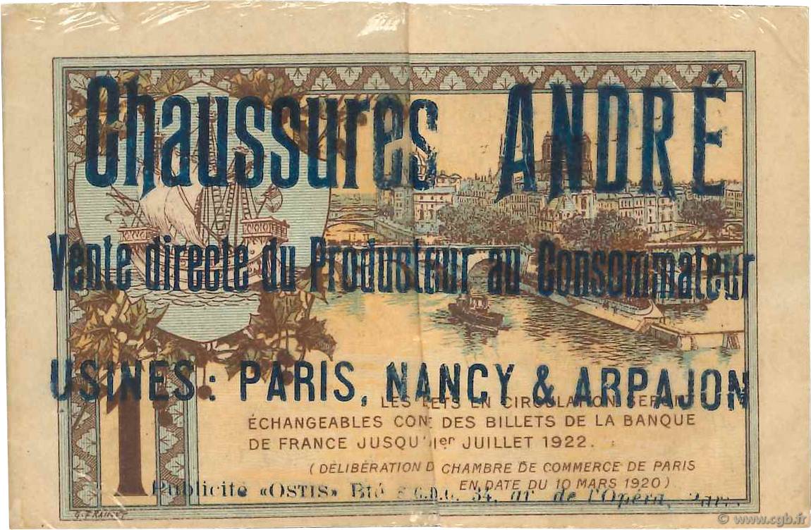 1 Franc Publicitaire FRANCE regionalism and miscellaneous Paris 1920 JP.097.36 VF+