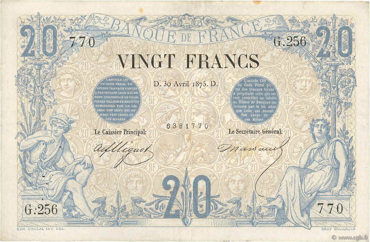 20 Francs NOIR FRANCE  1875 F.09.02 TTB