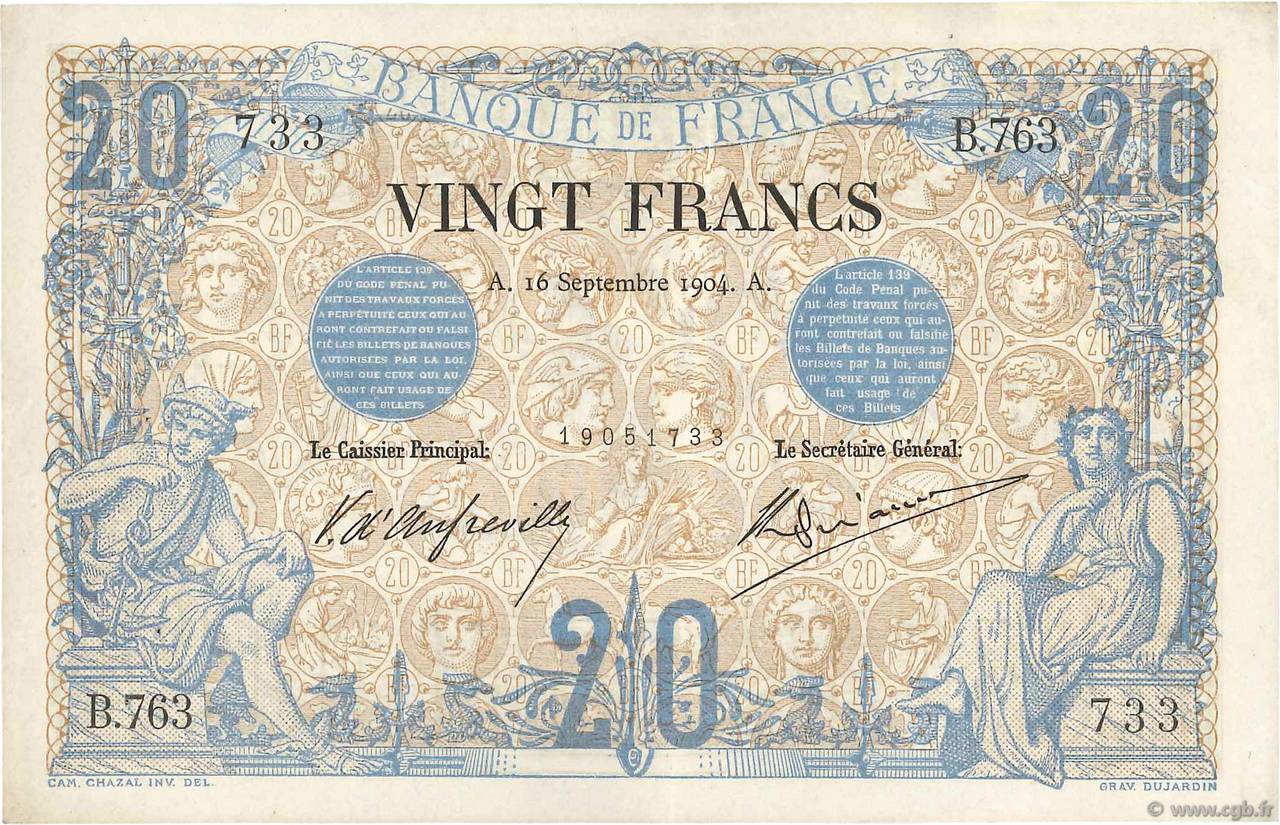 20 Francs NOIR FRANCE  1904 F.09.03 XF-