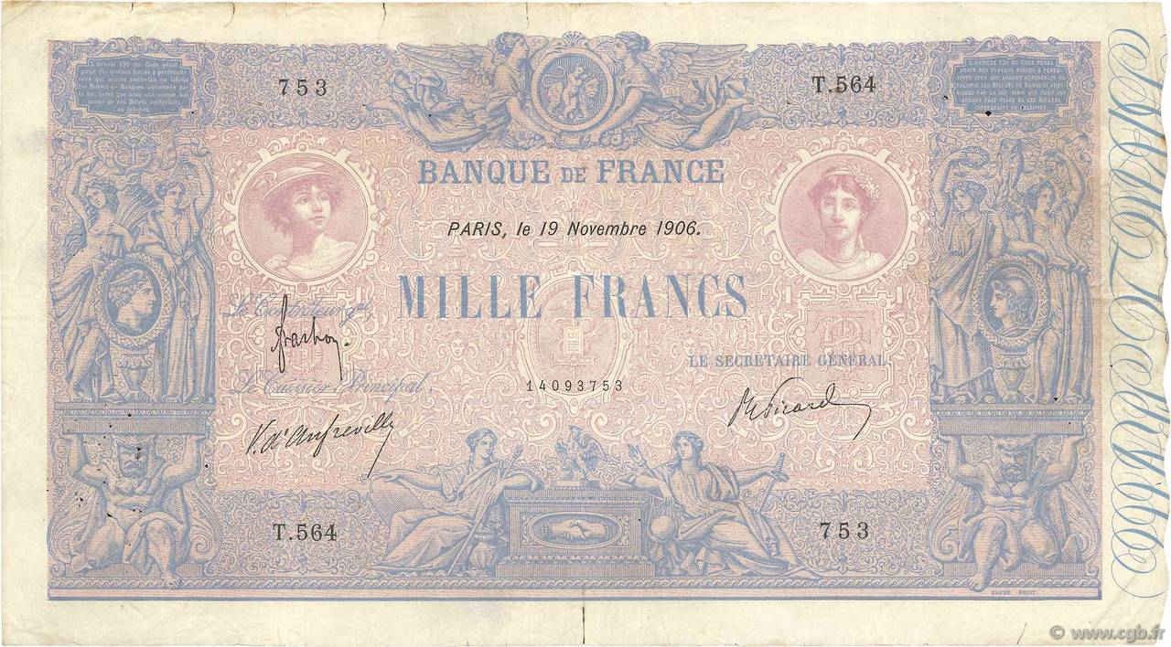 1000 Francs BLEU ET ROSE FRANCIA  1906 F.36.20 MB