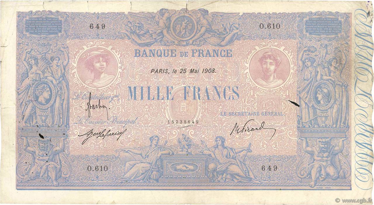 1000 Francs BLEU ET ROSE FRANCE  1908 F.36.22 pr.TB