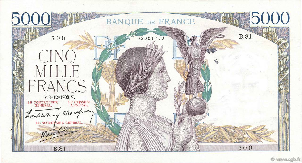 5000 Francs VICTOIRE Impression à plat FRANCE  1938 F.46.01 SUP