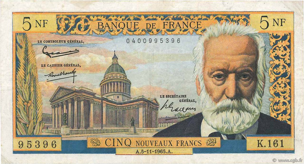 5 Nouveaux Francs VICTOR HUGO FRANCIA  1965 F.56.21 BC