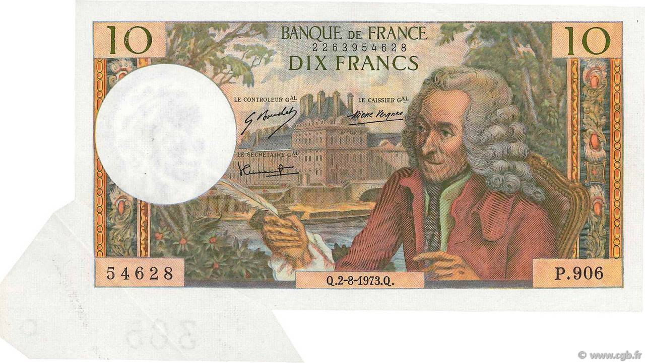 10 Francs VOLTAIRE Fauté FRANCE  1973 F.62.63 XF+