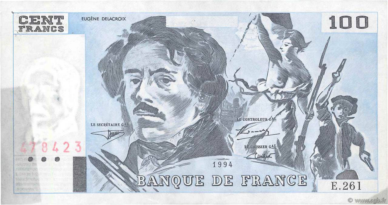 100 Francs DELACROIX 442-1 & 442-2 Fauté FRANCE  1994 F.69ter.01b VF+