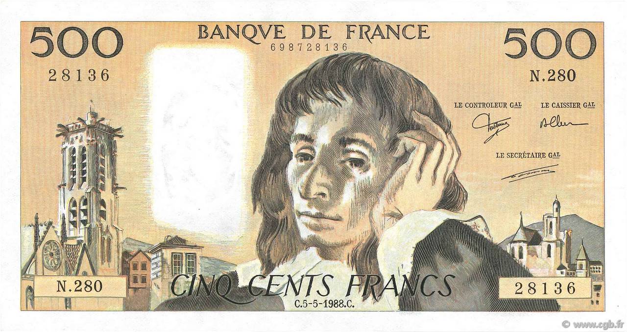 500 Francs PASCAL Fauté FRANCE  1988 F.71.39 XF+