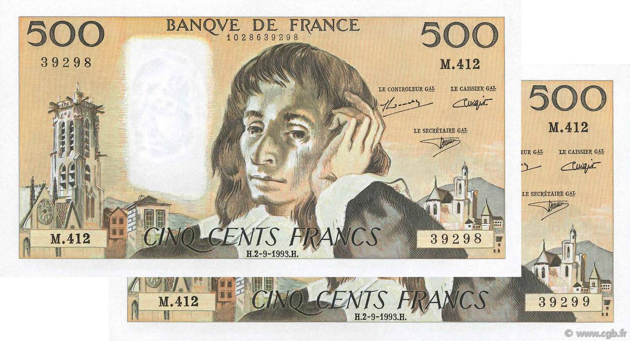 500 Francs PASCAL Consécutifs FRANCE  1993 F.71.52-412 SPL