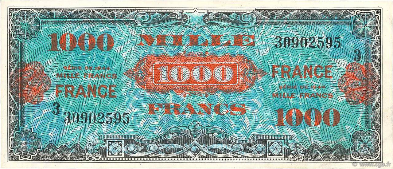 1000 Francs FRANCE FRANKREICH  1945 VF.27.03 VZ