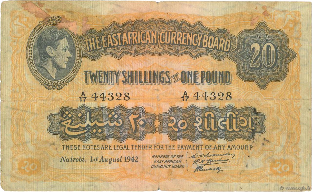 20 Shillings - 1 Pound BRITISCH-OSTAFRIKA  1942 P.30A fS