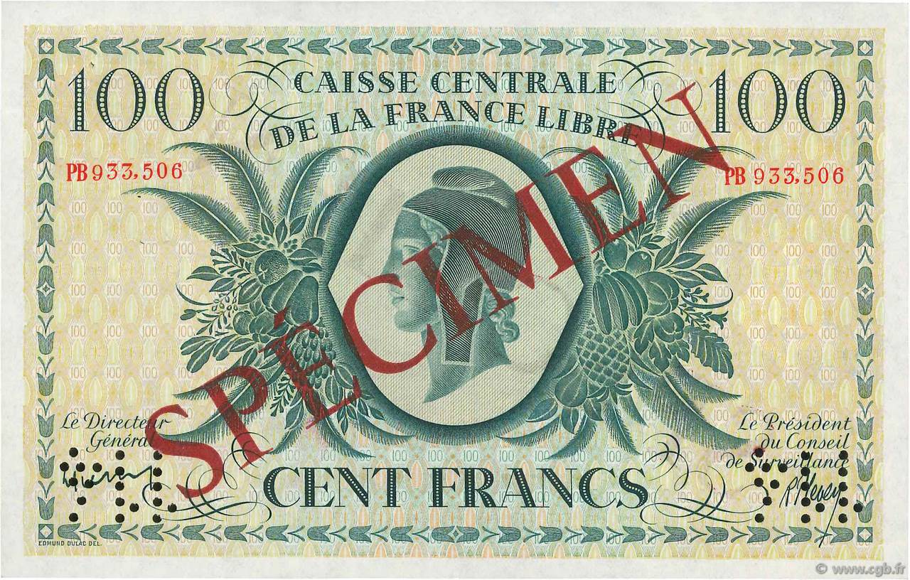 100 Francs Spécimen AFRIQUE ÉQUATORIALE FRANÇAISE Brazzaville 1941 P.13s fST