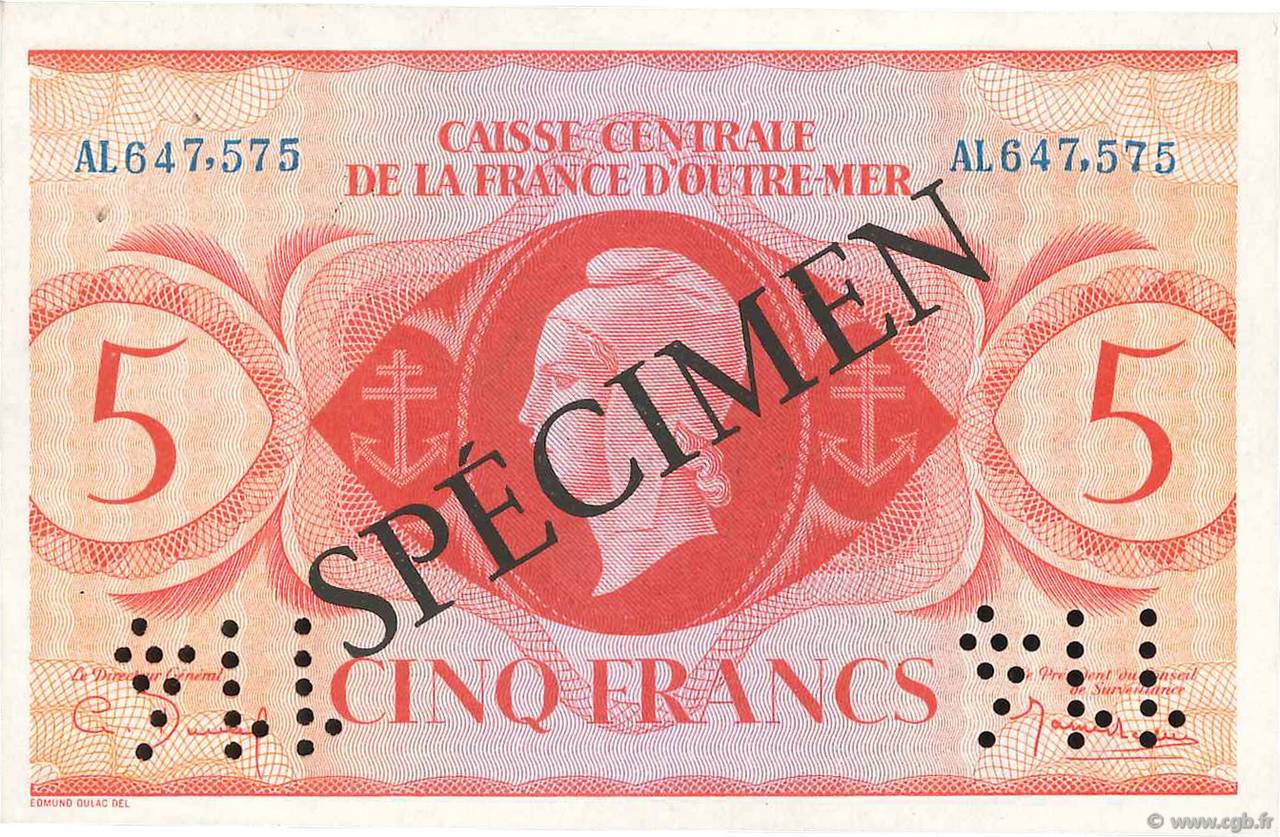 5 Francs Spécimen AFRIQUE ÉQUATORIALE FRANÇAISE  1944 P.15as SC