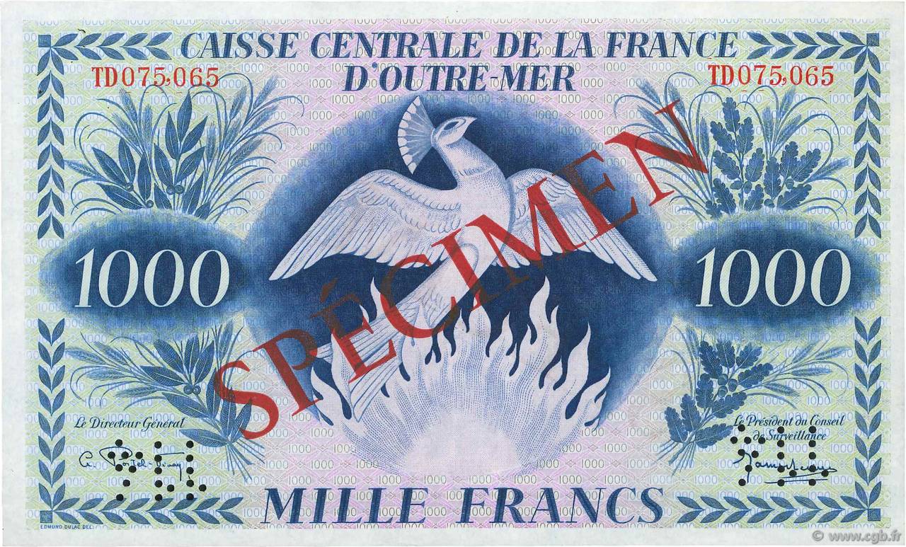 1000 Francs Phénix Spécimen AFRIQUE ÉQUATORIALE FRANÇAISE  1944 P.19s2 SUP+