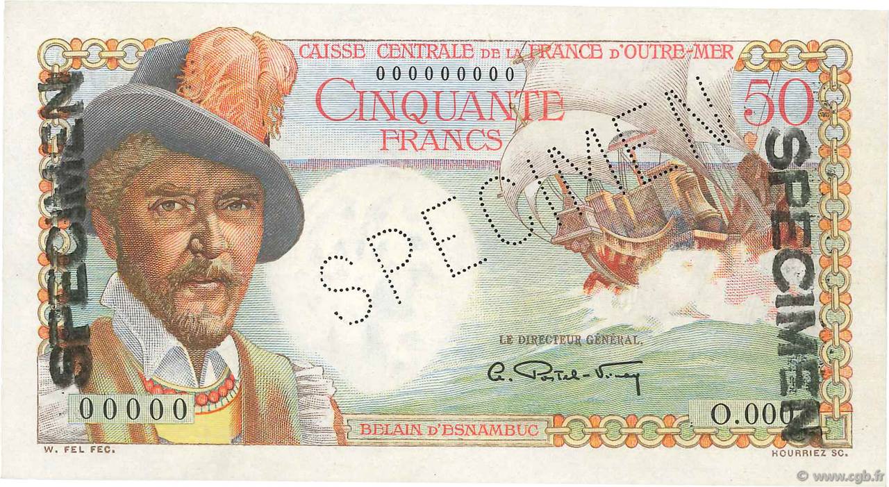 50 Francs Belain d Esnambuc Spécimen AFRIQUE ÉQUATORIALE FRANÇAISE  1946 P.23s SC