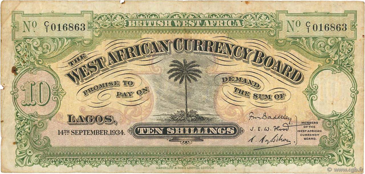 10 Shillings AFRICA DI L OVEST BRITANNICA  1934 P.07a q.MB