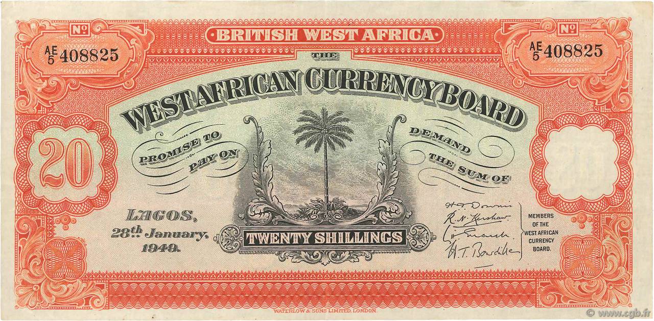 20 Shillings AFRICA DI L OVEST BRITANNICA  1949 P.08b BB