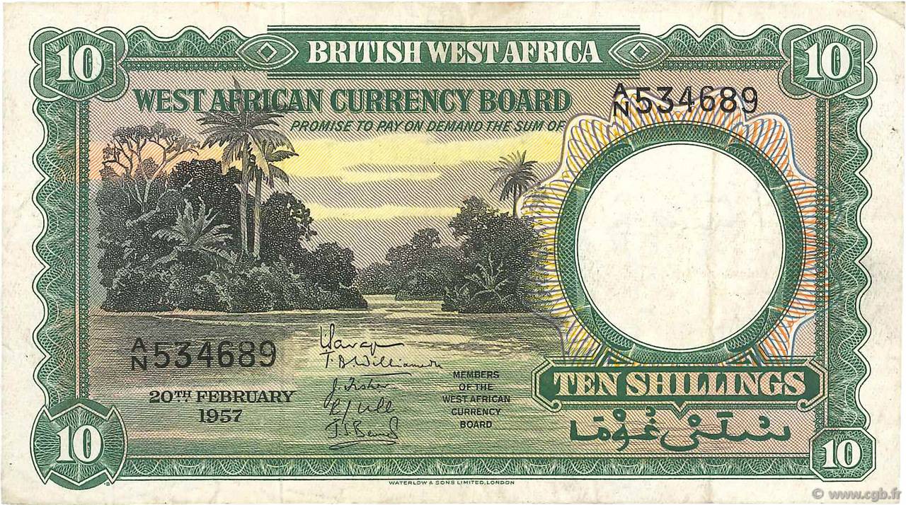 10 Shillings ÁFRICA OCCIDENTAL BRITÁNICA  1957 P.09a BC+