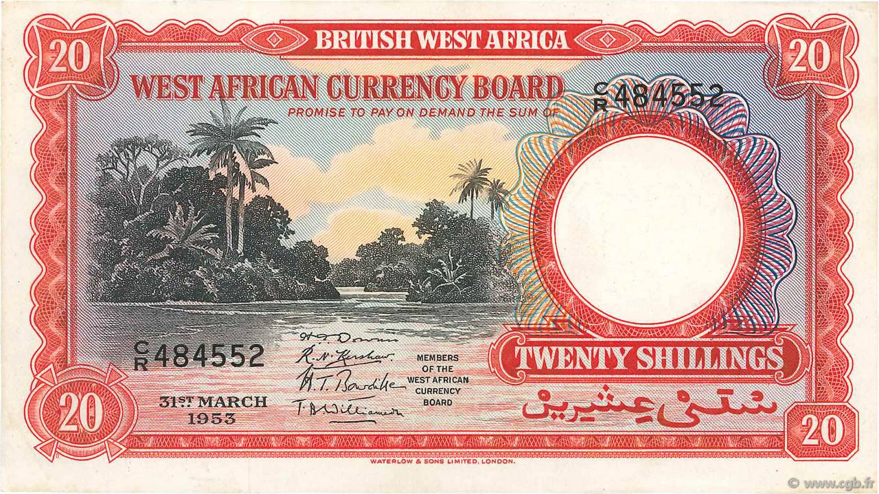 20 Shillings AFRICA DI L OVEST BRITANNICA  1953 P.10a SPL+