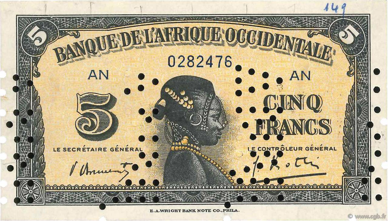 5 Francs Spécimen FRENCH WEST AFRICA  1942 P.28as EBC+