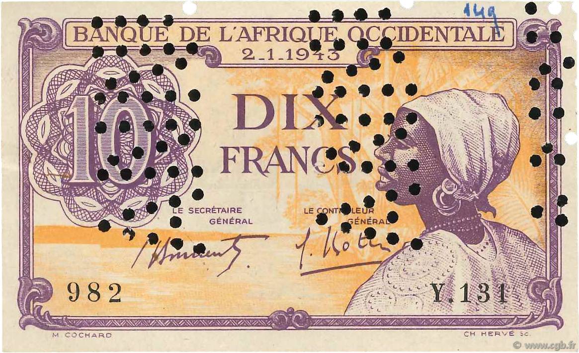 10 Francs Spécimen FRENCH WEST AFRICA  1943 P.29s EBC+