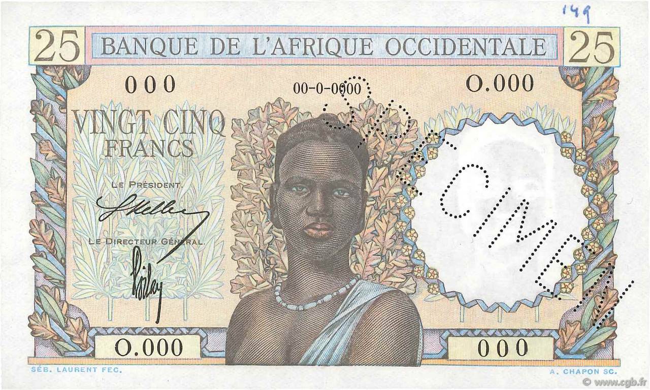 25 Francs Spécimen FRENCH WEST AFRICA  1943 P.38s q.AU
