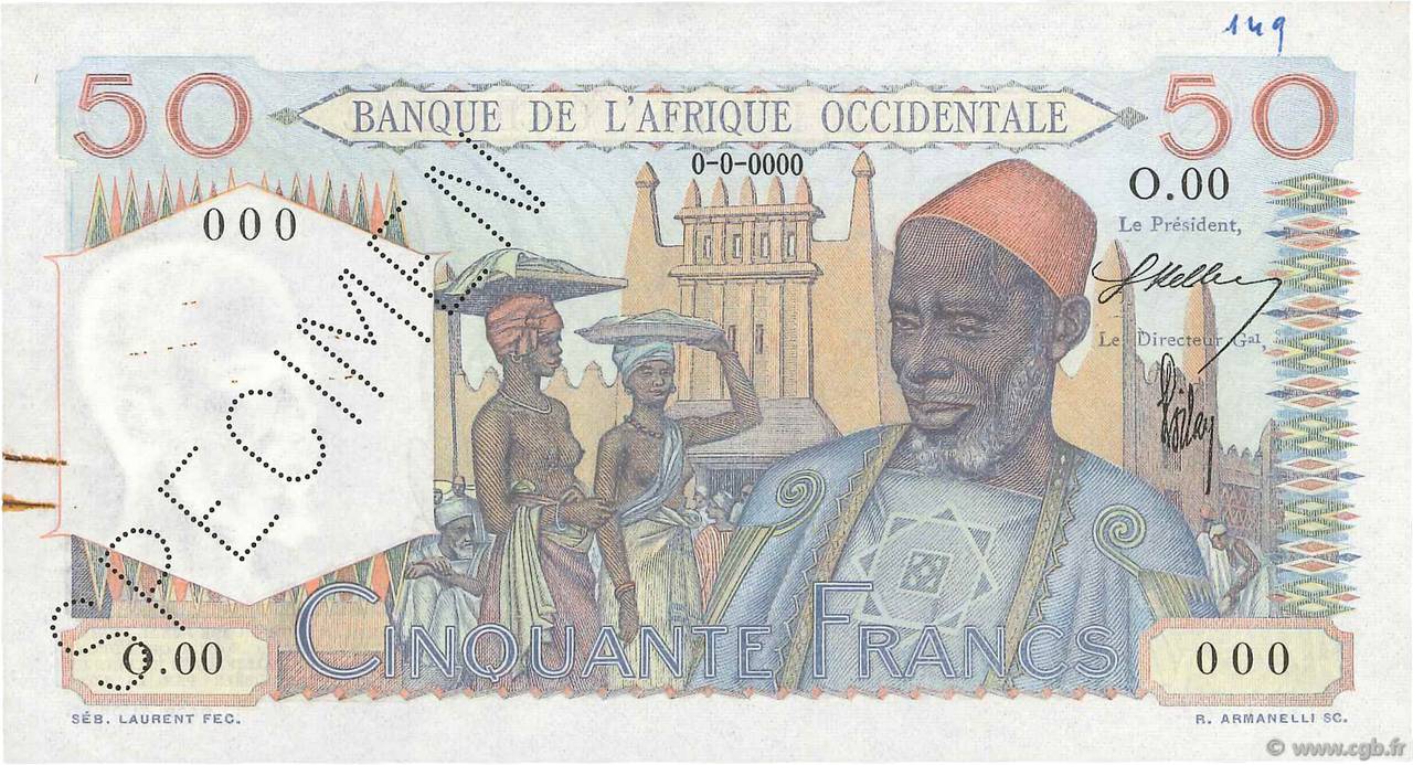 50 Francs Spécimen FRENCH WEST AFRICA  1944 P.39s SPL+