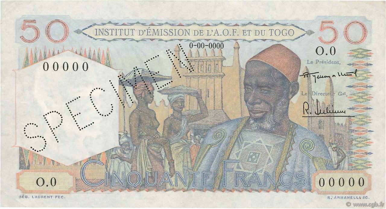 50 Francs Spécimen AFRIQUE OCCIDENTALE FRANÇAISE (1895-1958)  1955 P.44s TTB