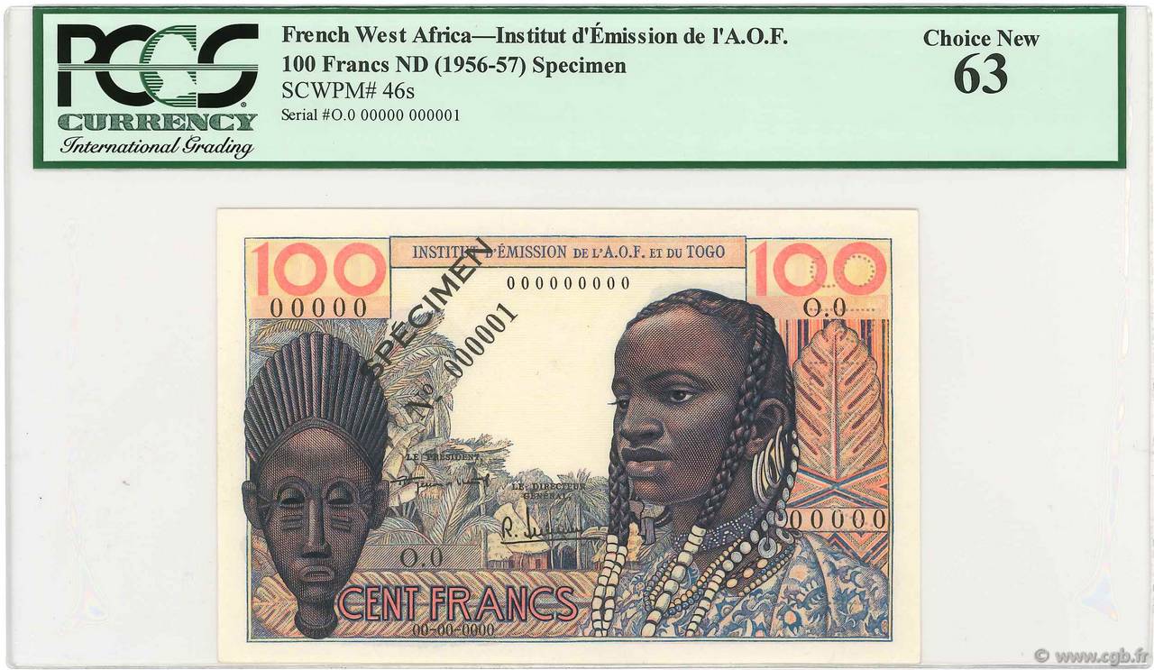 100 Francs Spécimen FRENCH WEST AFRICA  1956 P.46s fST+