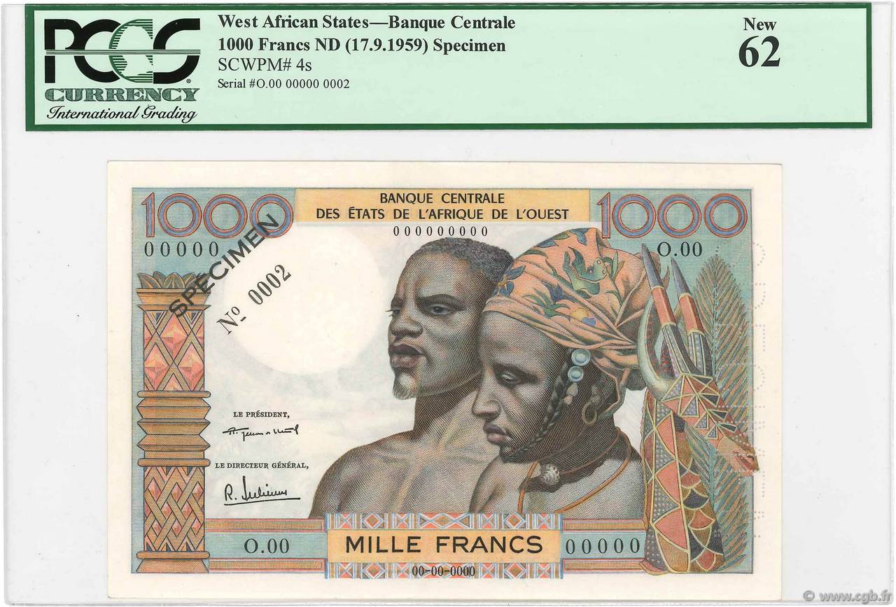 1000 Francs Spécimen ÉTATS DE L AFRIQUE DE L OUEST  1964 P.004s pr.NEUF